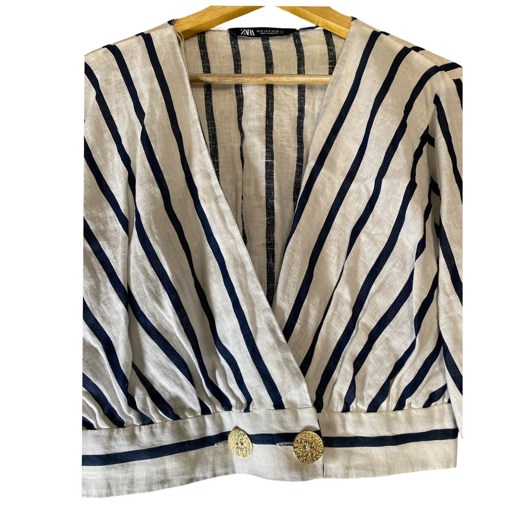 Zara Womens Navy Blue White Striped Linen Wrap Crop Top Gold Button Size Medium - Picture 9 of 10